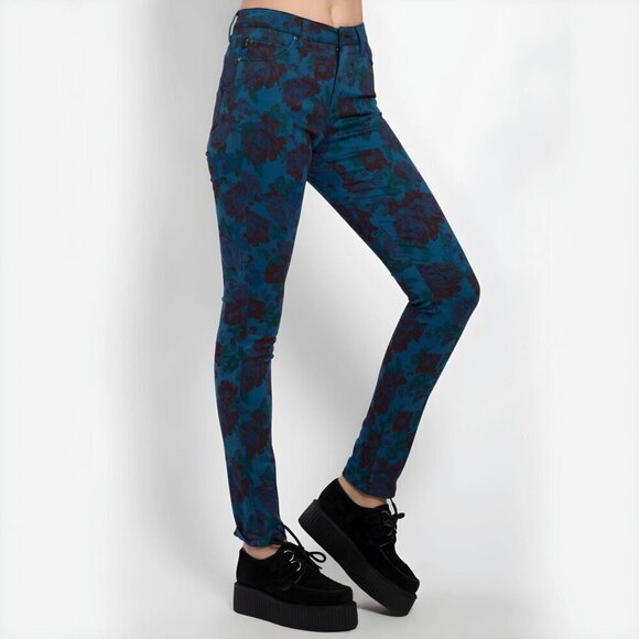 Tripp NYC High-Waisted Skinny Jeans Teal Floral Stretch Twill Alt Garden Goddess - Picture 4 of 5